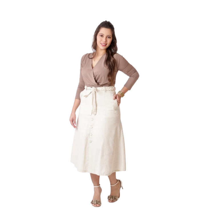 Saia Midi Linho Natural Evasê Vecchi Jeans Mo - Moda Feminina | MuralLife