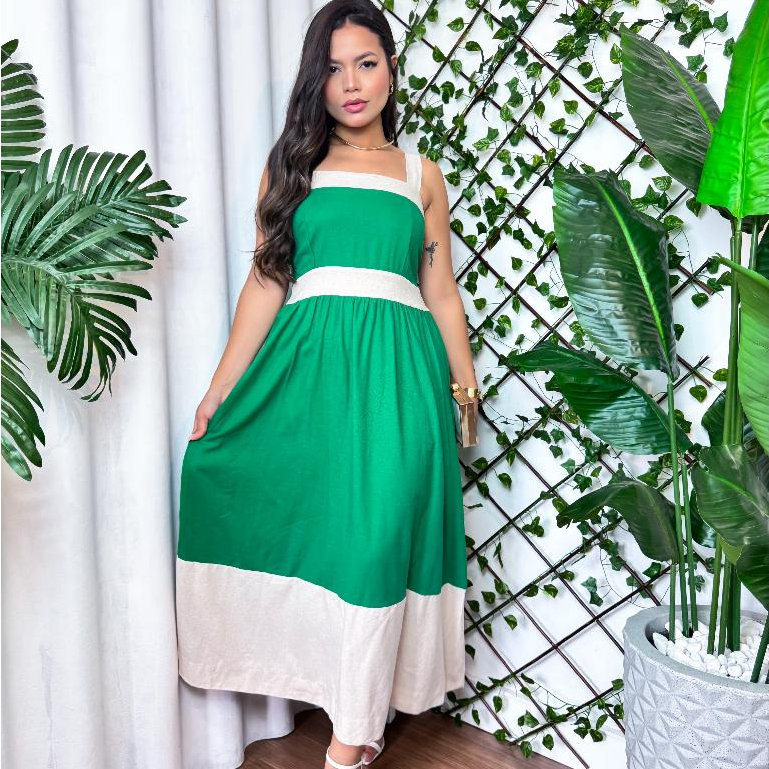 Vestido Feminino Longo Bicolor Verde com Bege em L - Moda Feminina | MuralLife