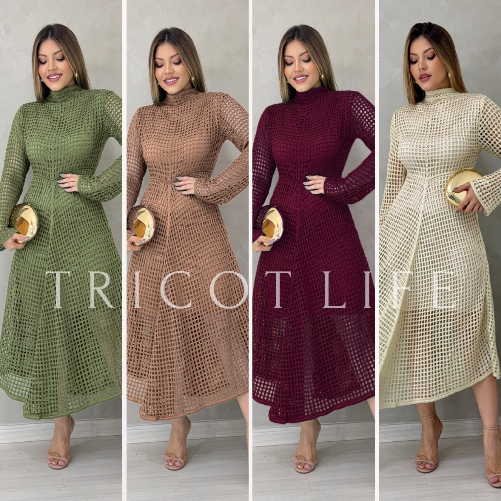 Vestido Longo De Tricot Manga Longa Rendado Com Fo - Moda Feminina | MuralLife