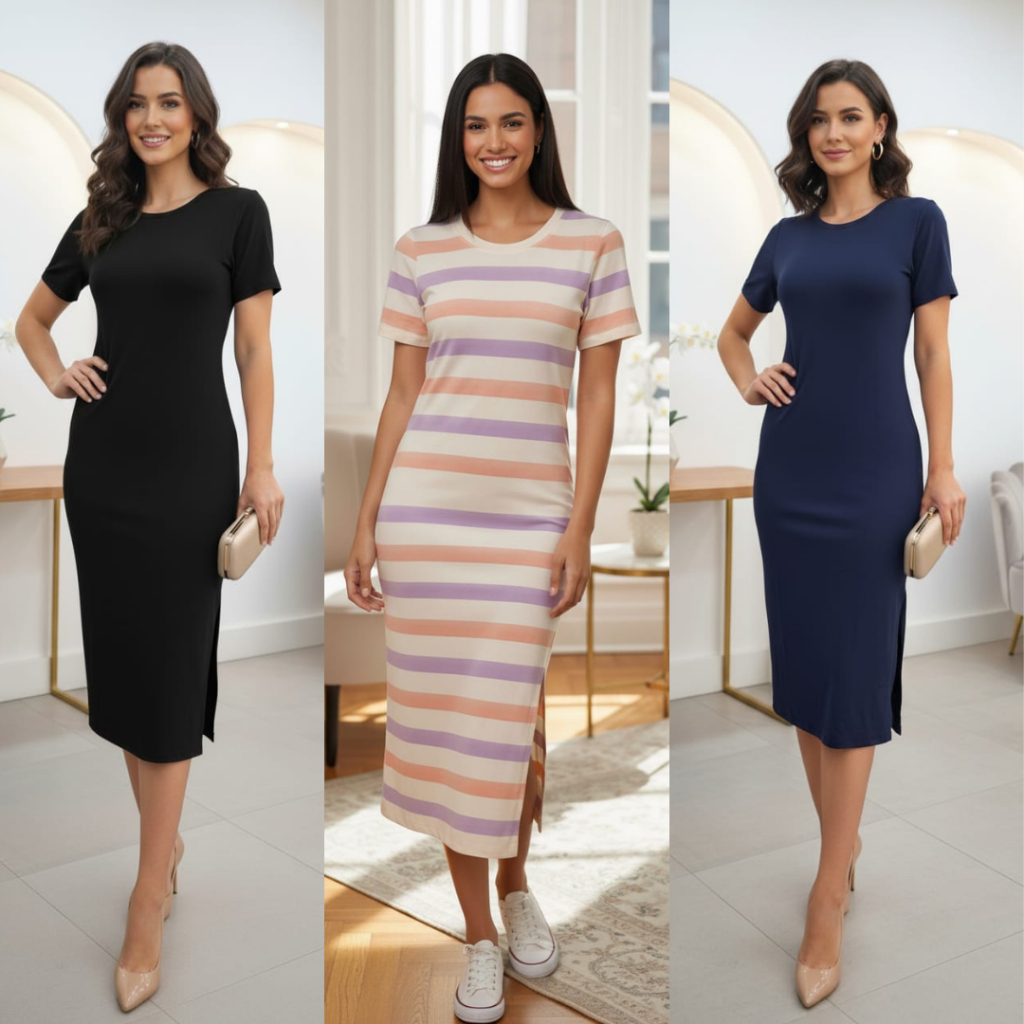 Vestido longo listrado e Liso Vestido Midi Vestido - Moda Feminina | MuralLife