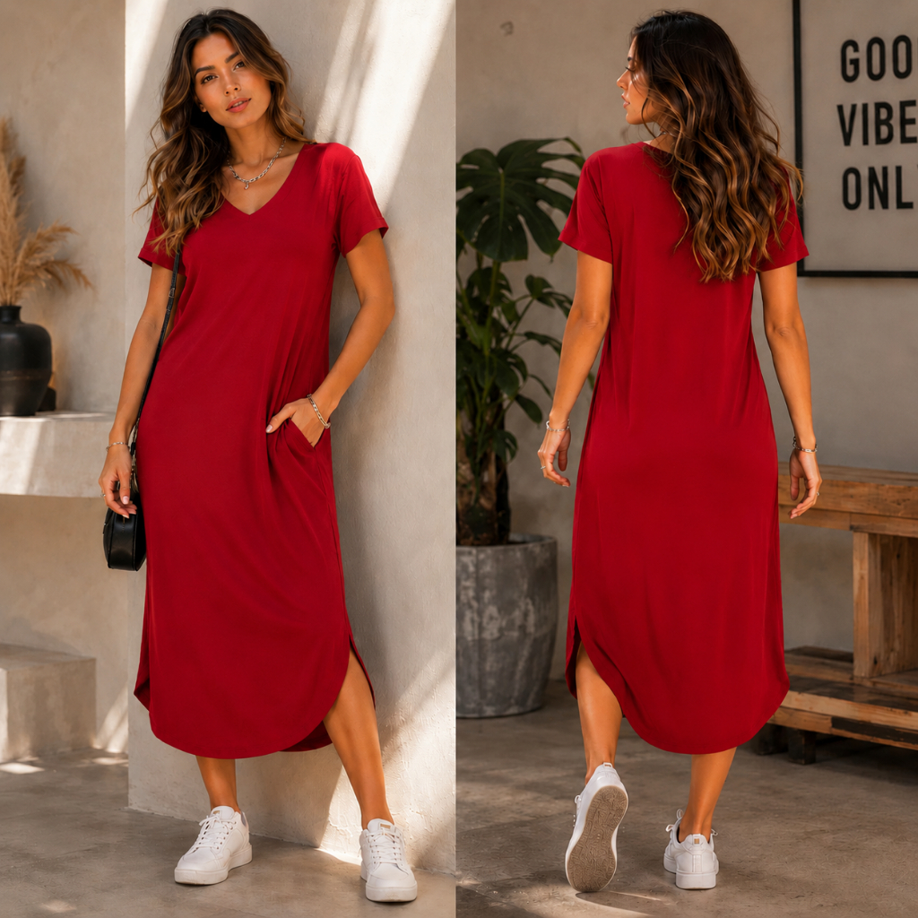 Vestido Feminino Midi Camisão com Bolso Viscolycra - Moda Feminina | MuralLife