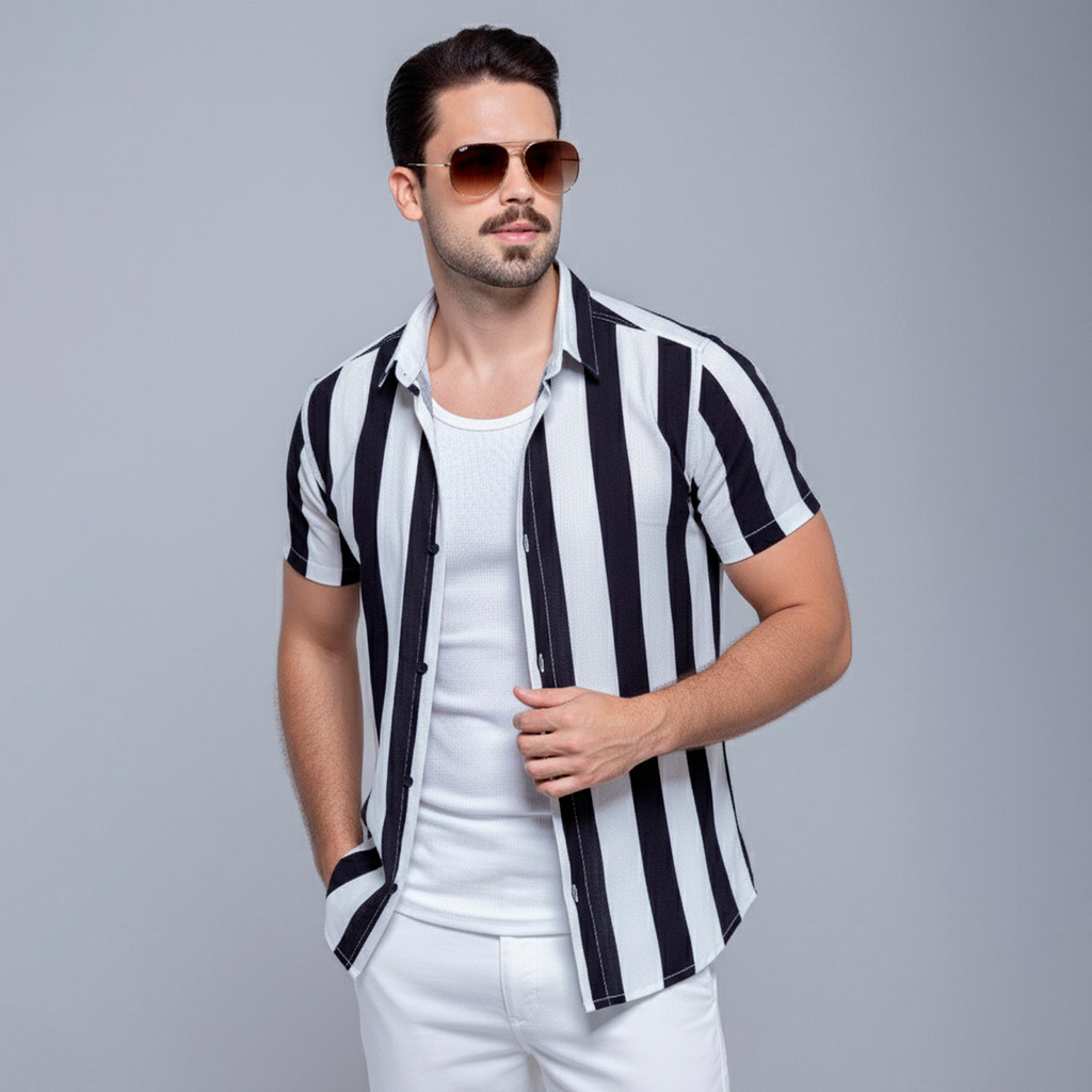Camisa Masculina de Linho Listrada Manga Curta Sli - Moda Masculina | MuralLife